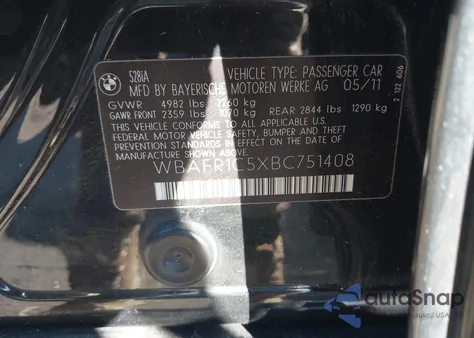 2011 BMW 528I z USA, uszkodzony, nr VIN WBAFR1C5XBC751408